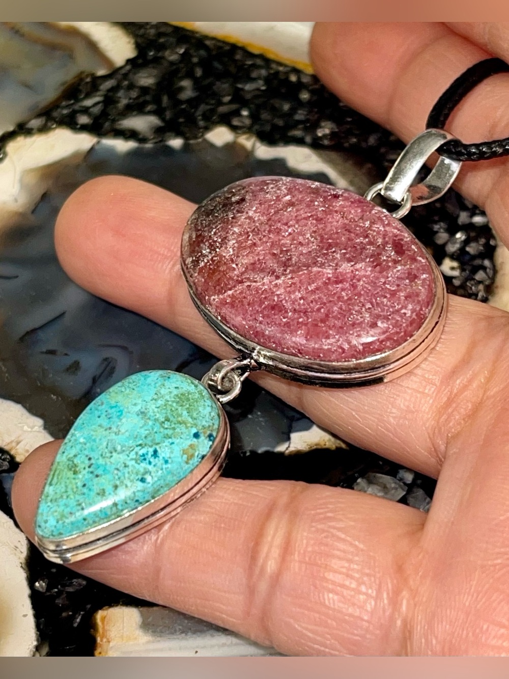 Rhodonite & Azurite Crystal Pendant 2 1/2”